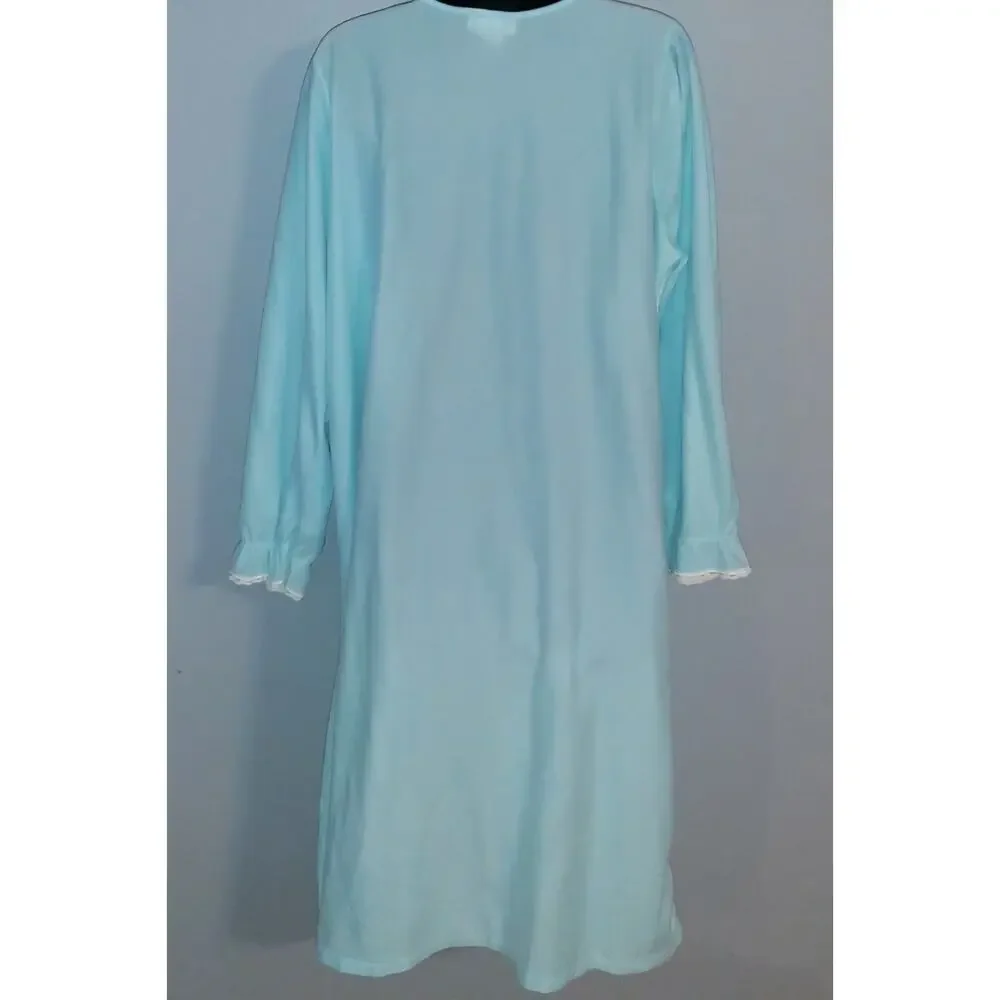 Vtg Flannel Lace Trim Long Sleeve Nightgown L Fundamentals Light Blue Polyester